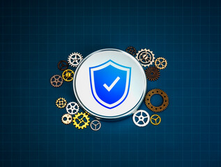 Poster - shield padlock on round chrome button surrounded with many gears on dark blue background with net gr
