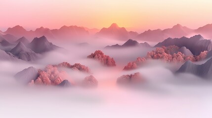Poster - Misty Mountain Landscape at Sunset with Pink and Purple Hues