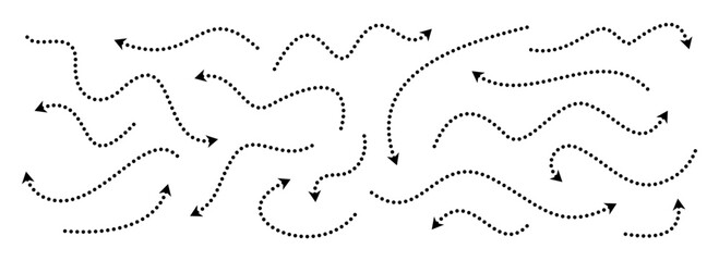 Poster - Black dotted arrows set. Wavy and curved dashed arrow collection. Doodle sketched thin pointers and direction lines. Dots squiggle stripe design elements bundle for flyer, poster, brochure. Vector