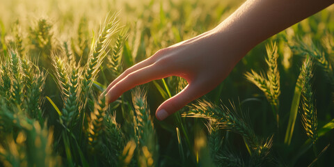 A close up of a hand gently touching green wheat, generative AI