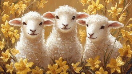 Three Cute Lambs Surrounded by Yellow Daffodils