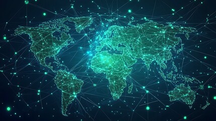 Fototapete - Glowing Digital World Map with Interconnected Lines Representing Global Networks