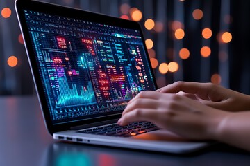 Aufkleber - A close-up of hands typing on a sleek laptop, with data and charts on the screen, representing digital work