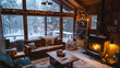 © Sajib - Cozy winter living room with snow-covered forest view and a warm fireplace glow