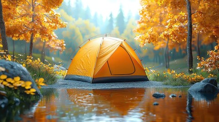 Canvas Print - Autumn Camping Tent Reflection in Lake