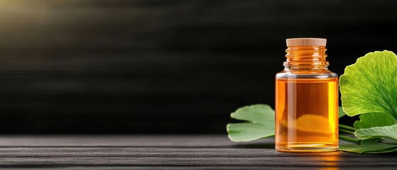 Essential oil bottle with fresh green leaves against a dark wood background.