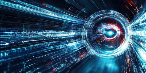 Poster - Digital technology background with a digital eye and light streaks on the right side