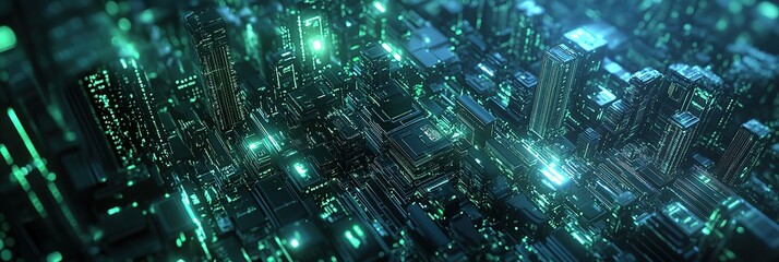 Poster - Digital background featuring green glowing data and circuit board, with dark black tones.