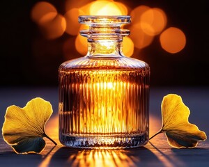 Glass bottle with glowing light surrounded by ginkgo leaves on blurred background.