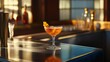 © Oulaphone - A beautifully crafted cocktail in a stylish glass, garnished with an orange slice, placed on a modern bar counter, capturing a warm and inviting ambiance.