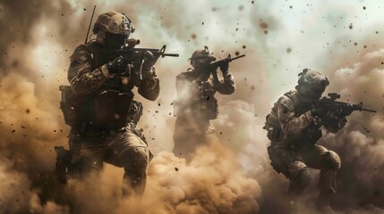 Military army troops fighting covered with smoke and explosions AI generated image