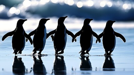 Five playful penguins waddling along a shimmering shore.