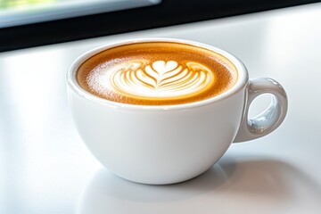 A close-up of a single cup of coffee on a clean table, with no distractions, emphasizing simplicity and focus