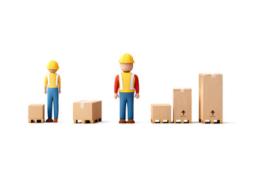 Colorful construction figures with varying box heights, depicting growth and teamwork in a simplified, animated style.