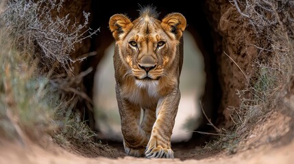 Wall Mural - Lioness Emerging From Cave In African Savanna