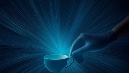 close-up photo of a person holding a cup with hot water in his hand on a blue background