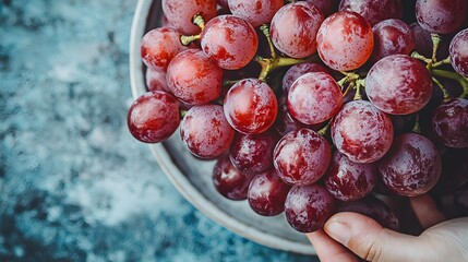 Fresh red grapes in a bowl with a hand reaching for them.