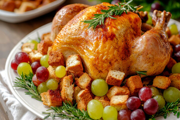 close up Whole roasted turkey with fresh vegetables and herbs and a white gravy boat filled with sauce, beautifully garnished. thanksgiving food concept.