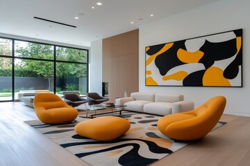 A modern living room with bold artwork, a statement rug, and contemporary furniture