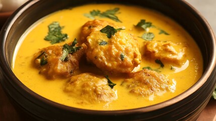 A bowl of yellow curry with four round meat balls, garnished with green parsley.