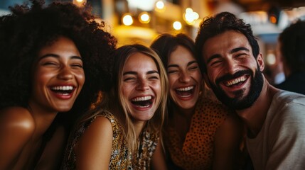 A joyful group of friends laughing together in a warm, vibrant setting, showcasing happiness and connection.