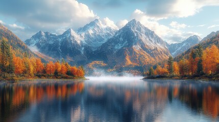 Poster - Majestic Mountain Lake with Autumn Foliage Reflections