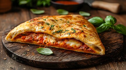 Wall Mural - Golden, cheesy calzone on a rustic wooden board with fresh basil.