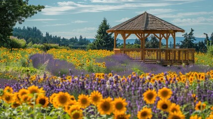 Wall Mural - Gazebo in a Field of Sunflowers and Lavender