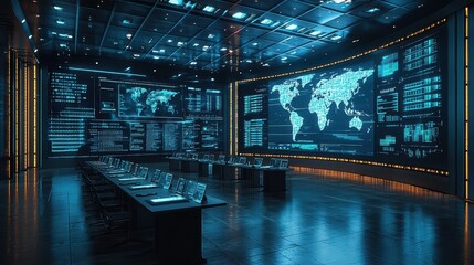 Canvas Print - Futuristic Control Room with World Map Display and Monitors