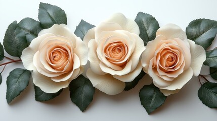 Canvas Print - White Roses with Green Leaves on White Background