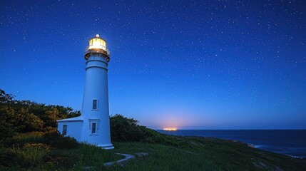 Canvas Print - Lighthouse under a Starry Sky with Ocean View