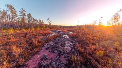 Poster - Sunset Over a Forest Creek With Lush Vegetation