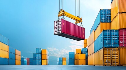 Poster - Cargo containers held up by red tape, bureaucratic trade obstacle, international shipping delay