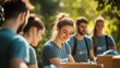 © Oulaphone - A group of volunteers in matching shirts working together outdoors, focusing on packing contributions in boxes.