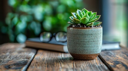 Wall Mural - Succulent Plant in Pot on Rustic Wooden Table