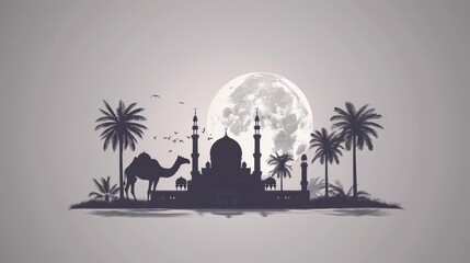 Wall Mural - Silhouette of a Mosque with Camel and Palm Trees Under a Full Moon