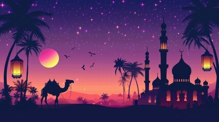 Wall Mural - Silhouette of a Mosque and a Camel in a Desert Landscape