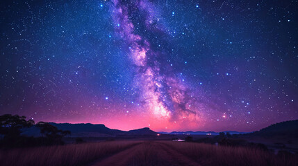 Poster - Stunning image of the Milky Way galaxy stretching across the night sky, above a serene landscape, creating a cosmic perspective for astronomy and travel.