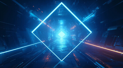 Poster - A futuristic digital scene features a glowing blue diamond shape in a dark corridor, surrounded by vibrant lights, creating a sci-fi atmosphere for technology.