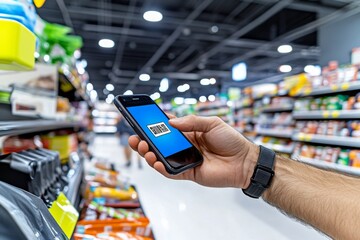 A close-up of a shopper using a digital coupon at checkout, scanning the discount code from their smartphone