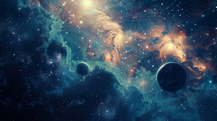 Poster - A stunning cosmic scene showcases nebulae, stars, and planets in vibrant colors against a dark background, creating a mesmerizing view of the universe for science.