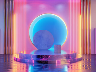 Poster - A vibrant modern space features a circular backdrop with neon lights and geometric shapes, creating a stylish atmosphere for technology.