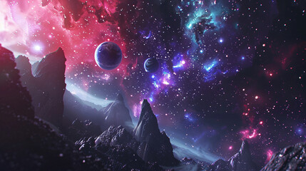 Poster - A breathtaking cosmic scene depicts colorful planets and galaxies set against a starry backdrop, creating a mesmerizing view of outer space for science.