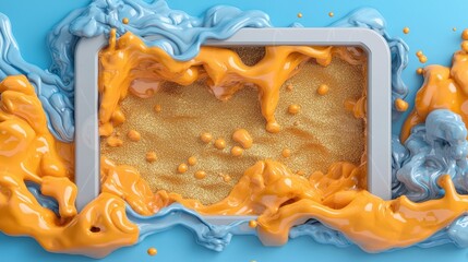 Abstract Liquid Frame   Orange and Blue  with Gold Glitter Background