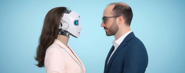 Human and robot interaction, blue background