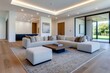 © Sanchai - A living room with a large area rug, soft lighting, and comfortable seating arranged around a coffee table