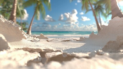 Poster - Tropical Beach Sand Dune with Palm Trees and Ocean in Background