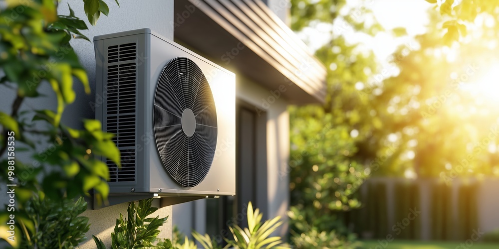 An outdoor air conditioning unit mounted on the side of a house ...
