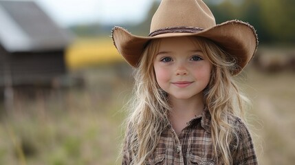 Cute Young Girl in Cowboy Hat and Plaid Shirt Smiling Outdoors