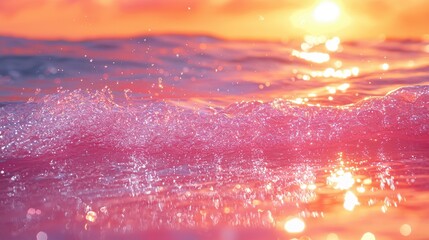 Poster - Pink Sunset Ocean Waves with Glimmering Light